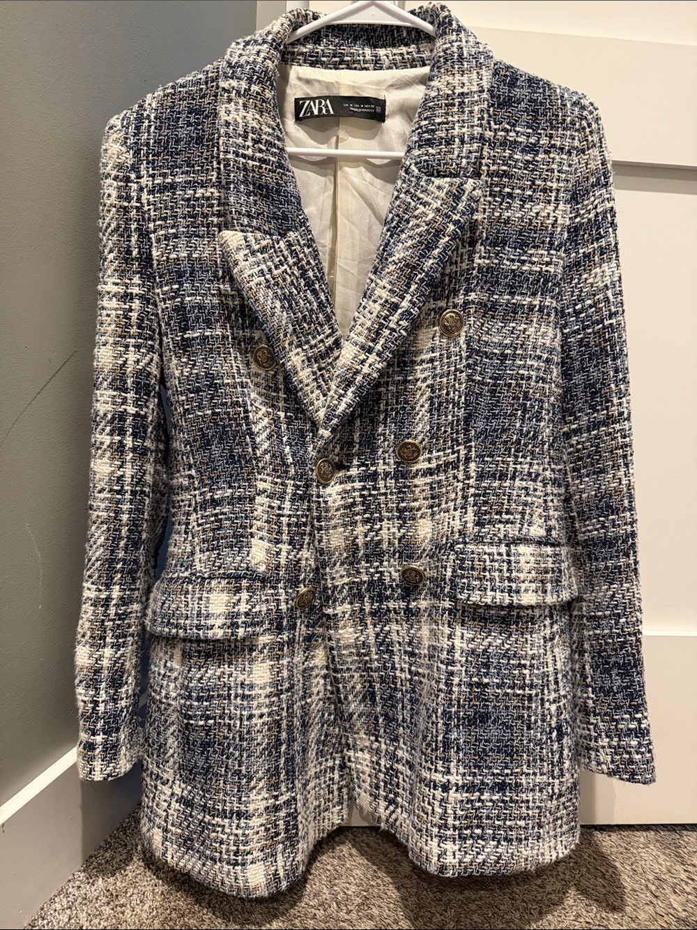 Zara Navy and White Tweed Double-Breasted Blazer